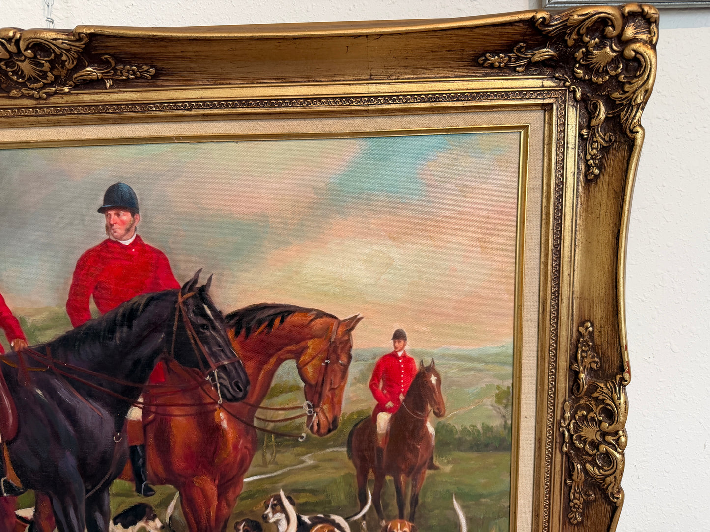 Original Oil Painting, English Fox Hunt Scene with Riders, Horses & Hounds