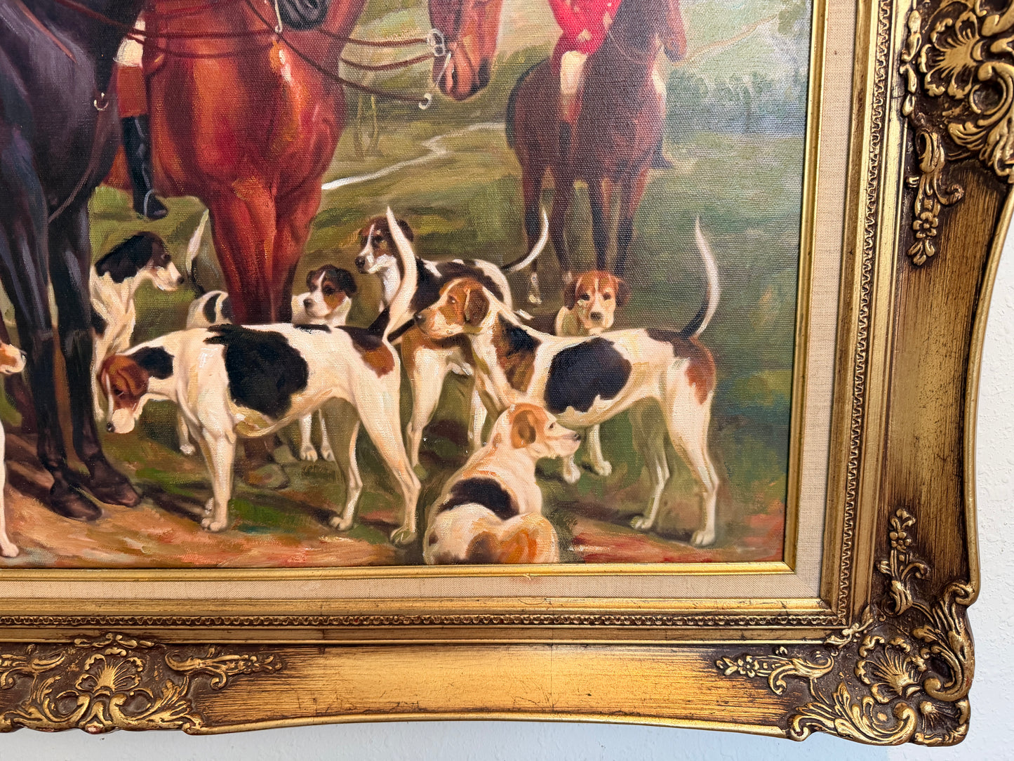 Original Oil Painting, English Fox Hunt Scene with Riders, Horses & Hounds