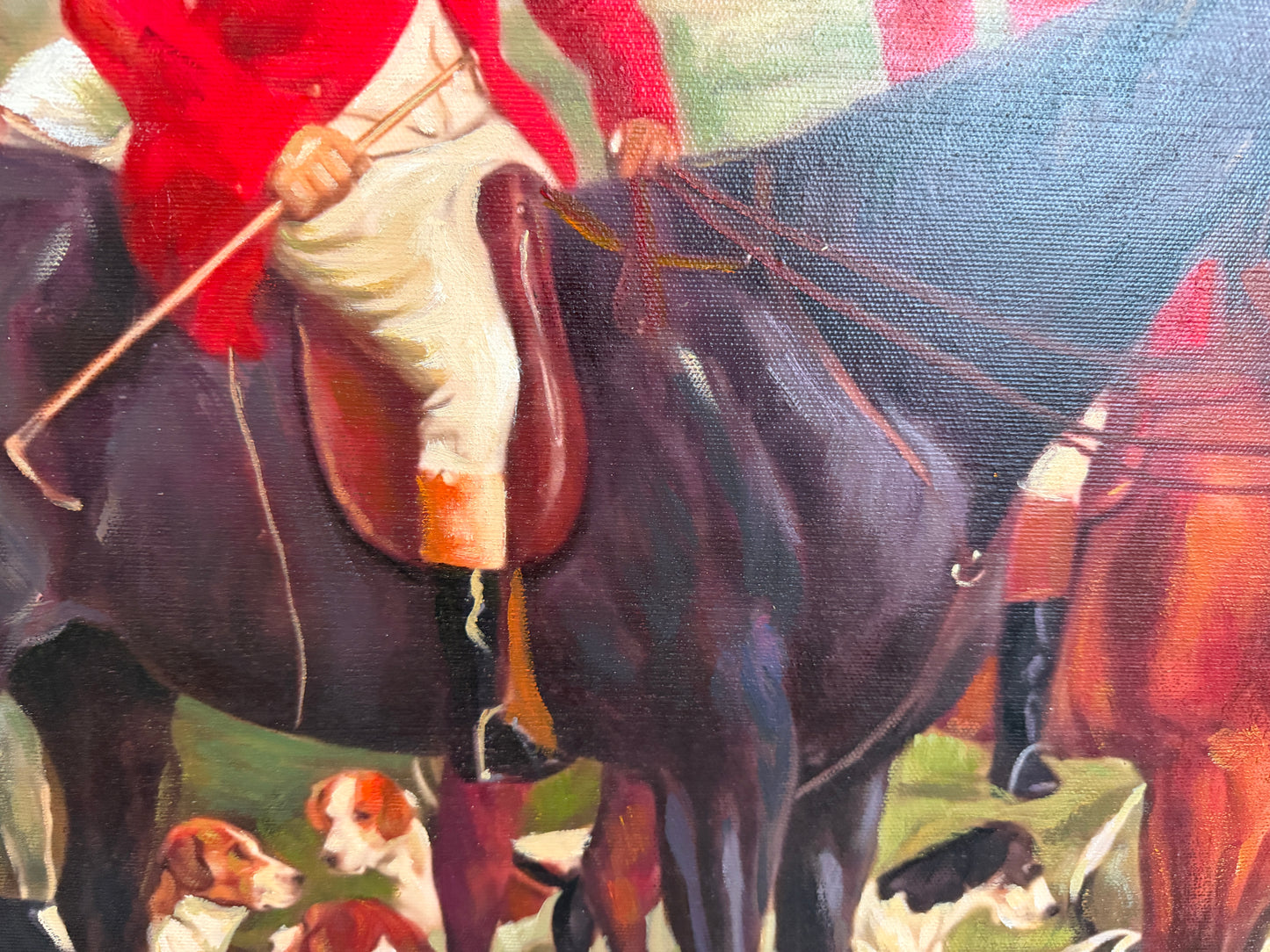 Original Oil Painting, English Fox Hunt Scene with Riders, Horses & Hounds