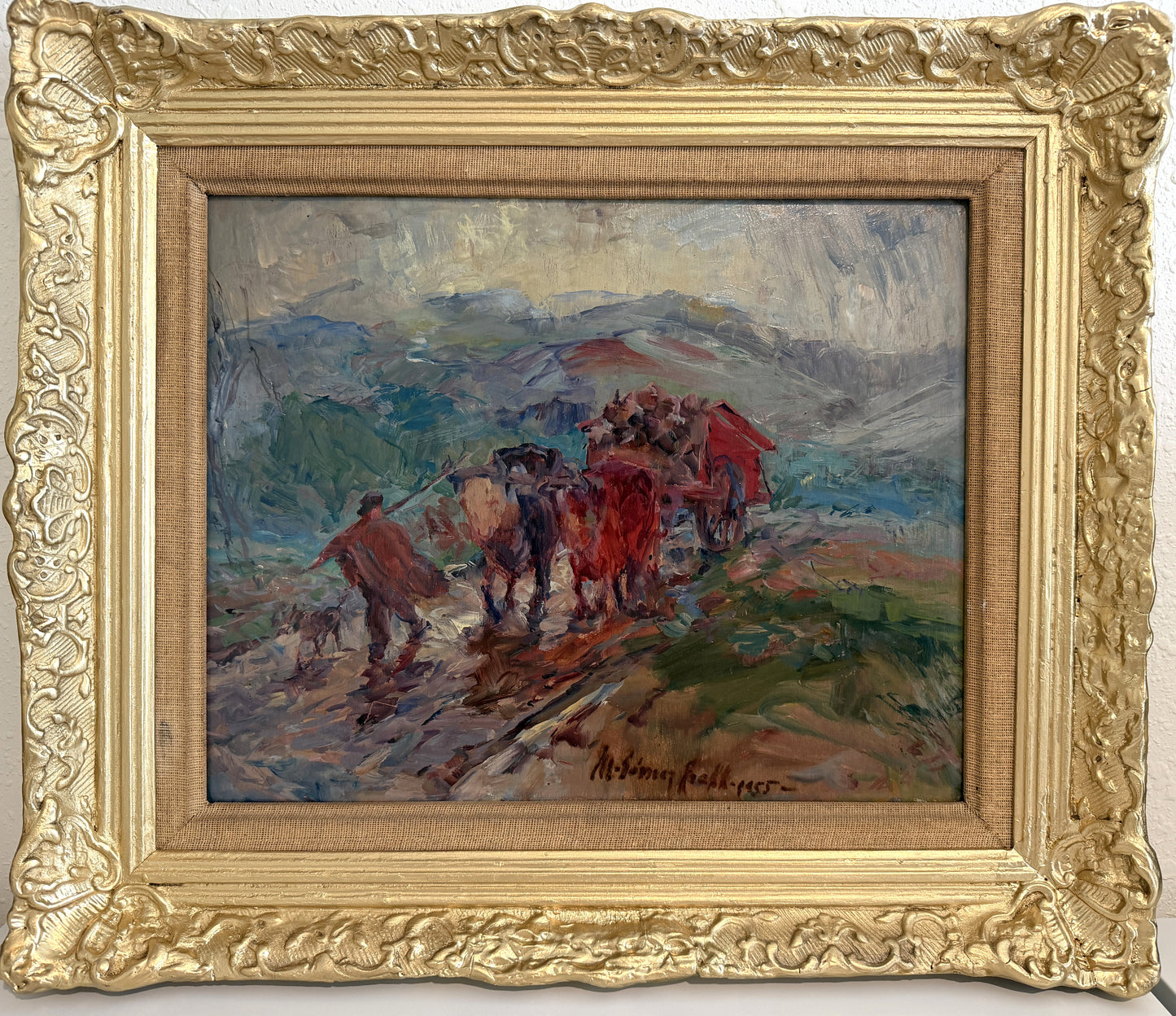 German School 1955 Signed Oil painting Ox Cart Rural Landscape Framed Art