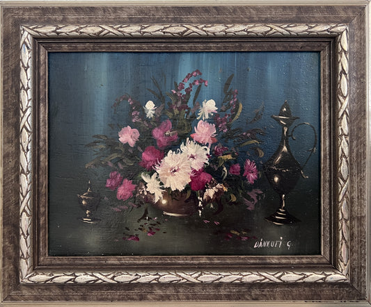 G. Bankuti Small Vintage Oil Painting on board, Still Life, Flowers, Framed