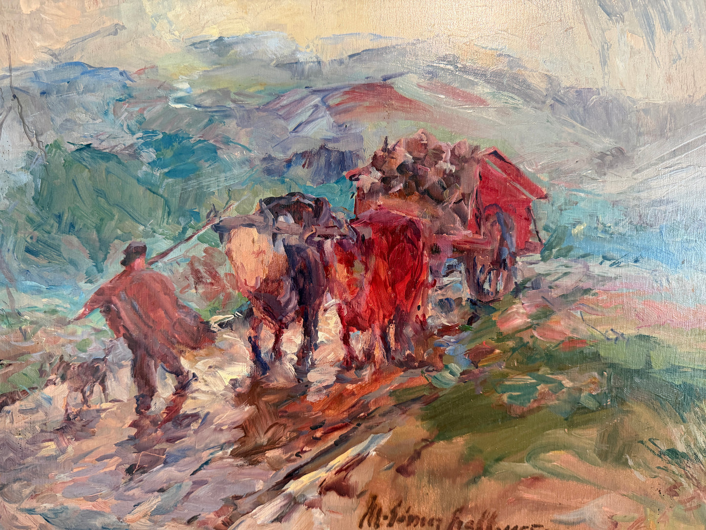 German School 1955 Signed Oil painting Ox Cart Rural Landscape Framed Art