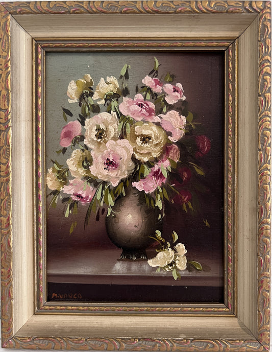 M.Varga Small Vintage Oil Painting on board, Still Life, Flowers, Framed