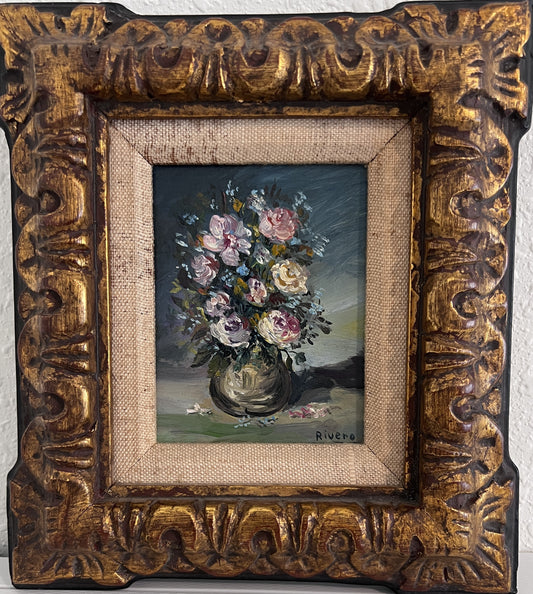 Rivero Small Vintage Oil Painting on board, Still Life, Flowers, Framed