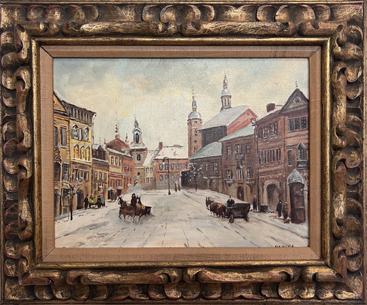 Original Vintage oil painting on canvas, Winter Cityscape, signed, framed