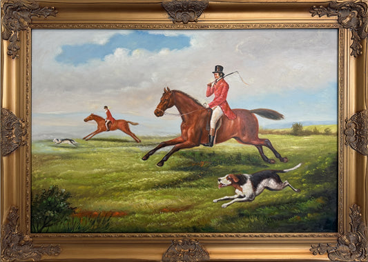 Large English Fox Hunting Scene Oil Painting Equestrian Sporting Art, Framed
