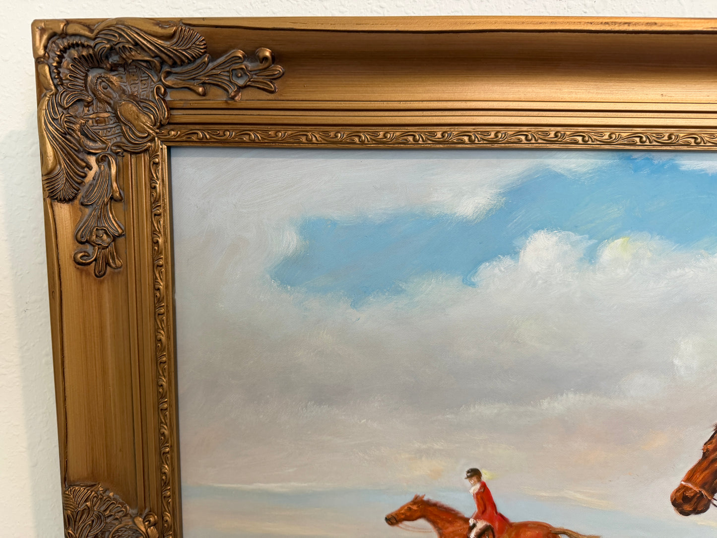 Large English Fox Hunting Scene Oil Painting Equestrian Sporting Art, Framed