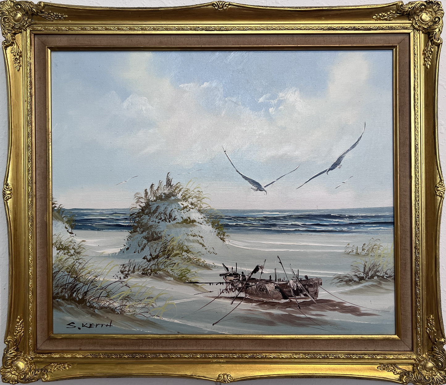 Signed S. Keith Original Painting on Canvas, Seascape, Coastal Landscape, framed