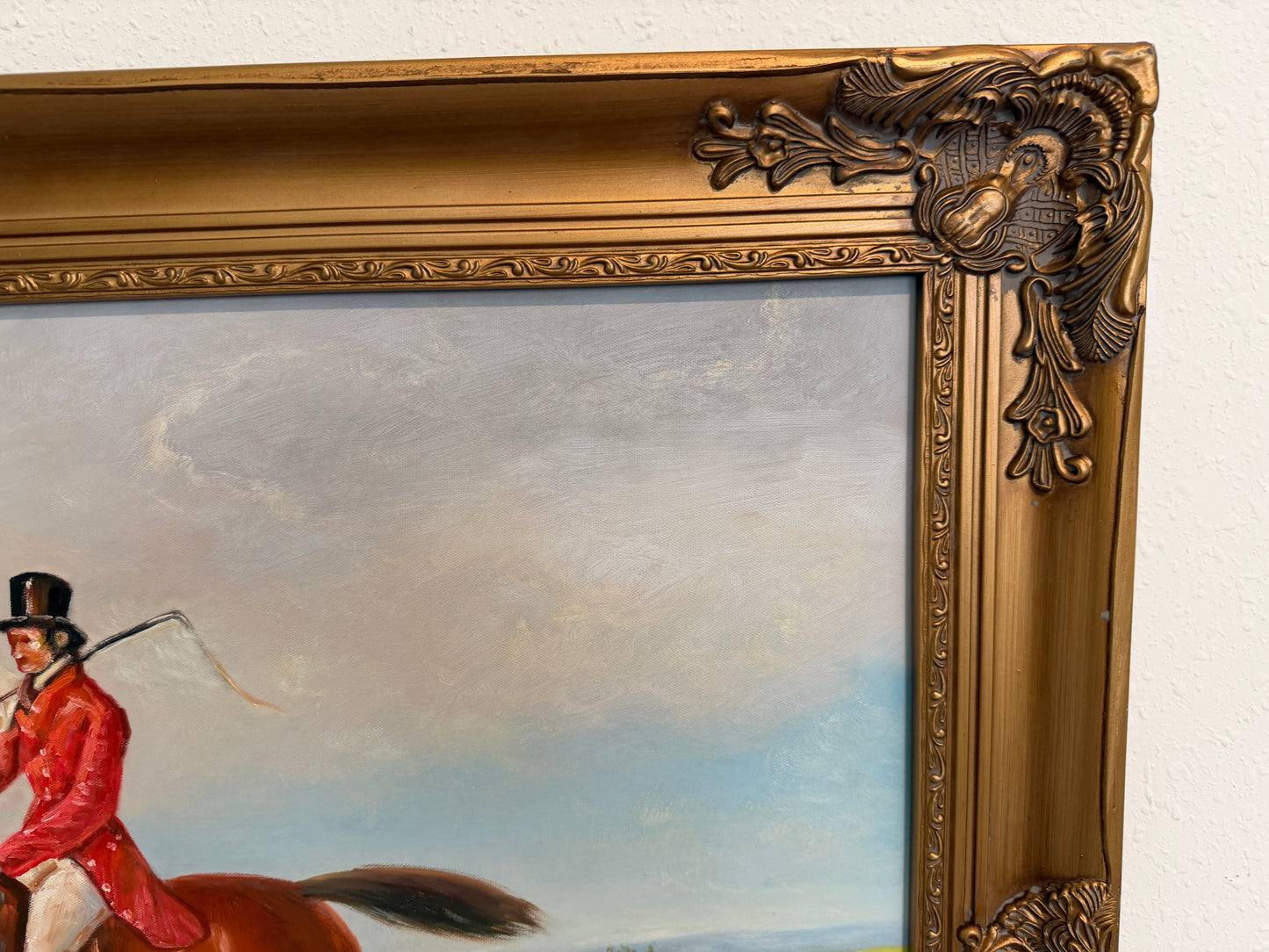 Large English Fox Hunting Scene Oil Painting Equestrian Sporting Art, Framed