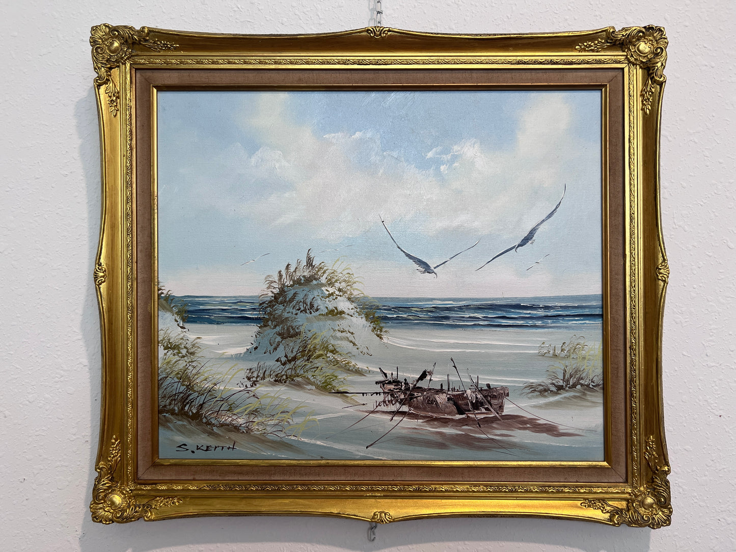 Signed S. Keith Original Painting on Canvas, Seascape, Coastal Landscape, framed