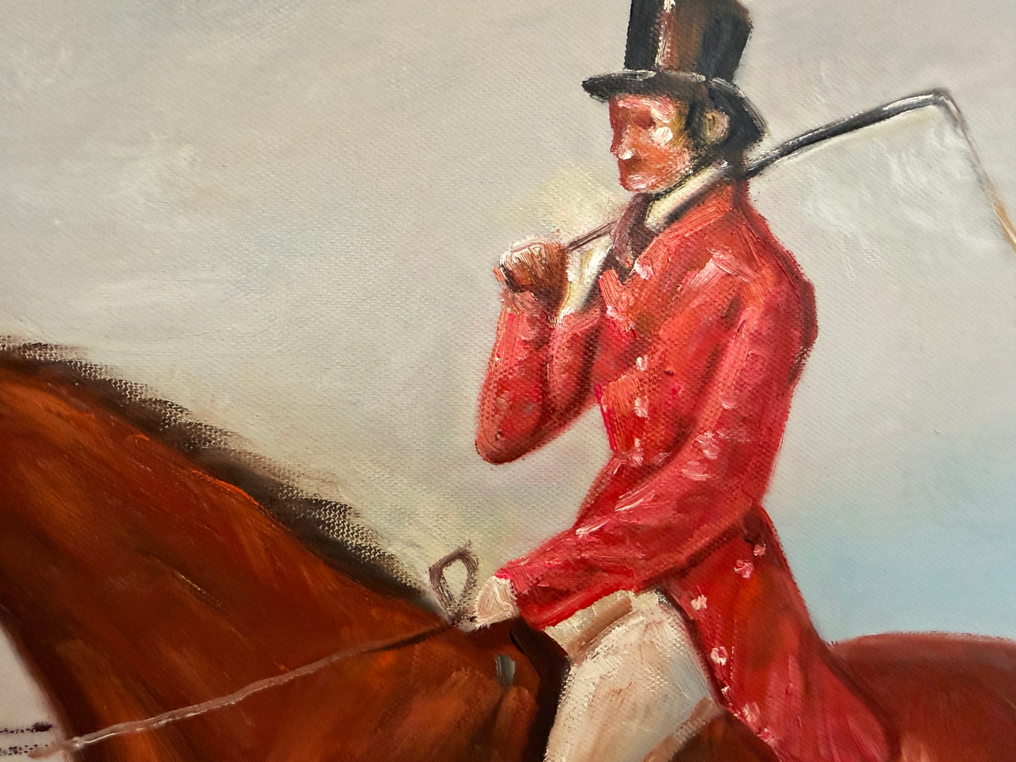 Large English Fox Hunting Scene Oil Painting Equestrian Sporting Art, Framed