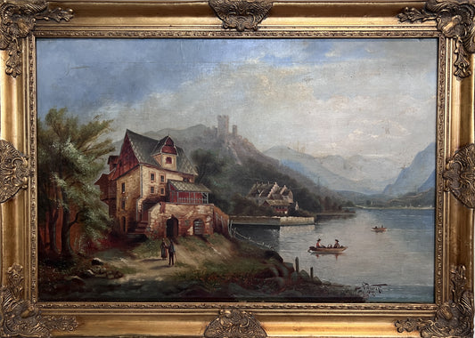 1902 M. Wierth Large original antique oil painting on canvas, Landscape, Framed