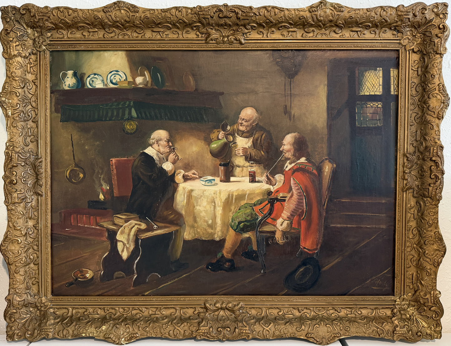 Antique Oil Painting Signed Holly European Tavern Interior Genre Scene, Framed
