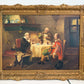 Antique Oil Painting Signed Holly European Tavern Interior Genre Scene, Framed