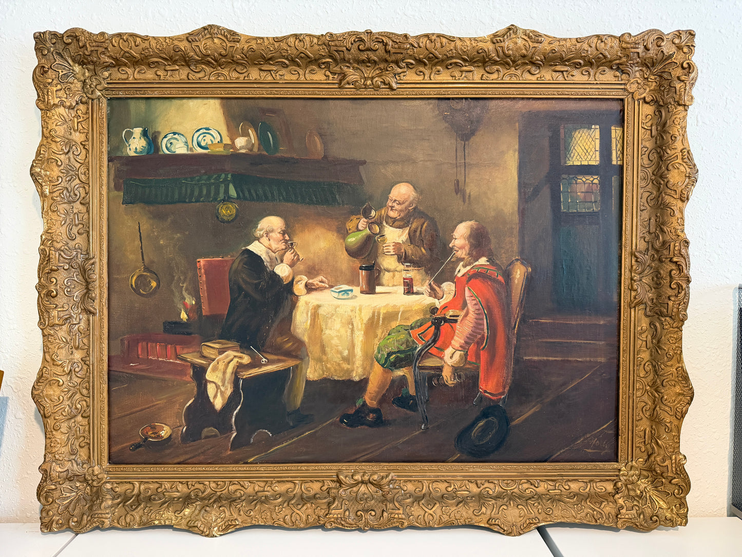 Antique Oil Painting Signed Holly European Tavern Interior Genre Scene, Framed