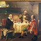 Antique Oil Painting Signed Holly European Tavern Interior Genre Scene, Framed