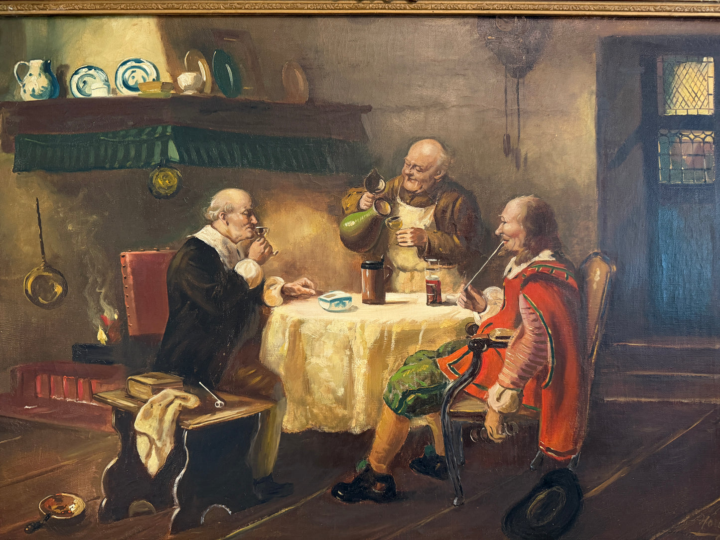 Antique Oil Painting Signed Holly European Tavern Interior Genre Scene, Framed