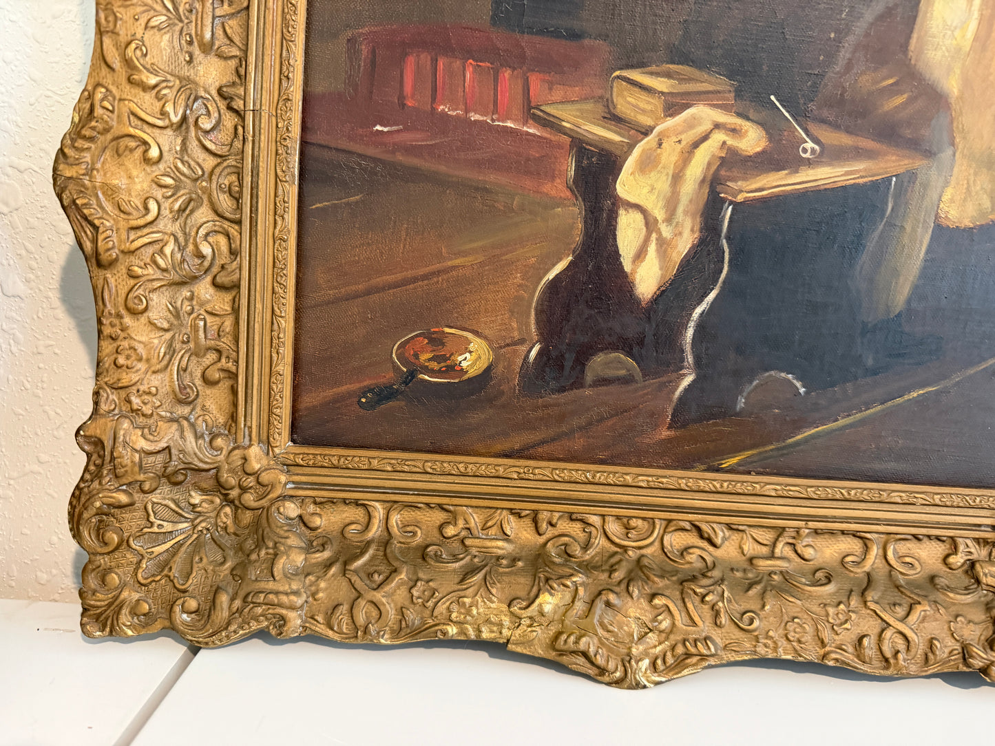 Antique Oil Painting Signed Holly European Tavern Interior Genre Scene, Framed