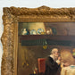 Antique Oil Painting Signed Holly European Tavern Interior Genre Scene, Framed