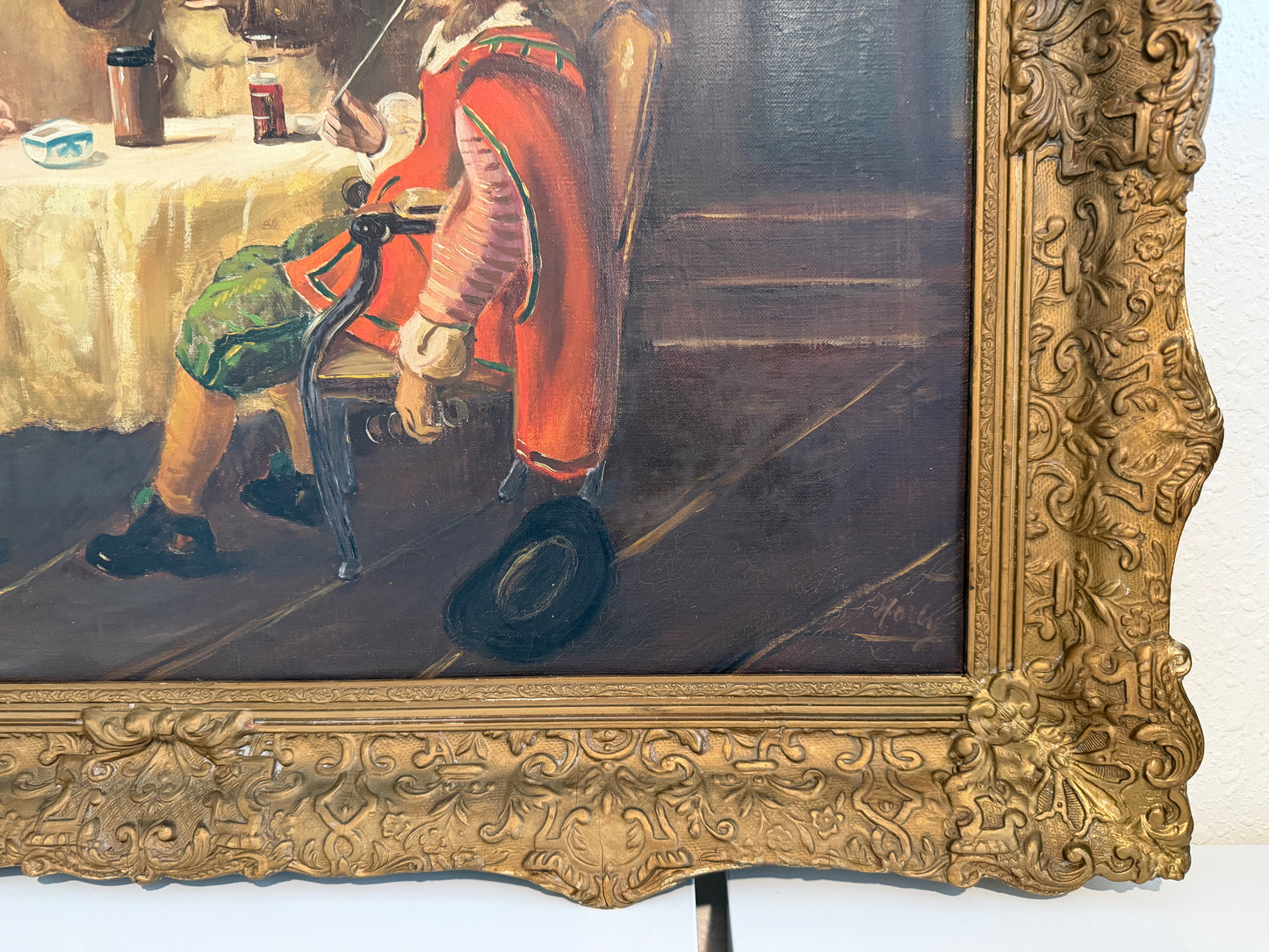 Antique Oil Painting Signed Holly European Tavern Interior Genre Scene, Framed