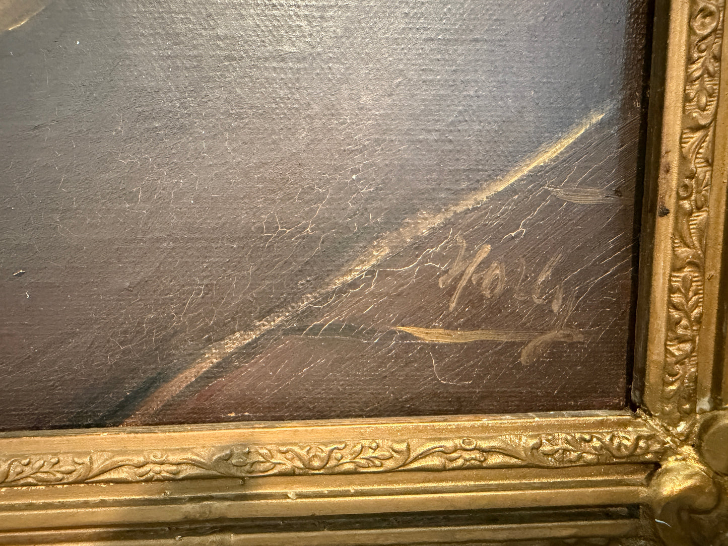 Antique Oil Painting Signed Holly European Tavern Interior Genre Scene, Framed