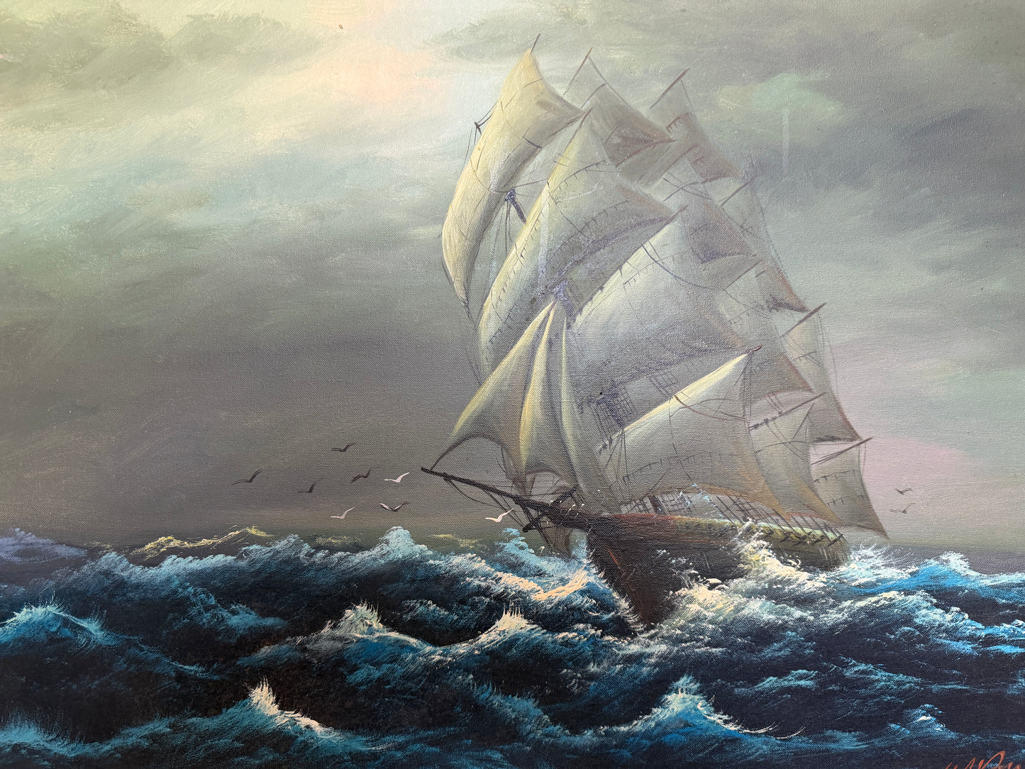 Large Vintage Nautical Oil Painting Signed Dramatic Sailing Ship Seascape