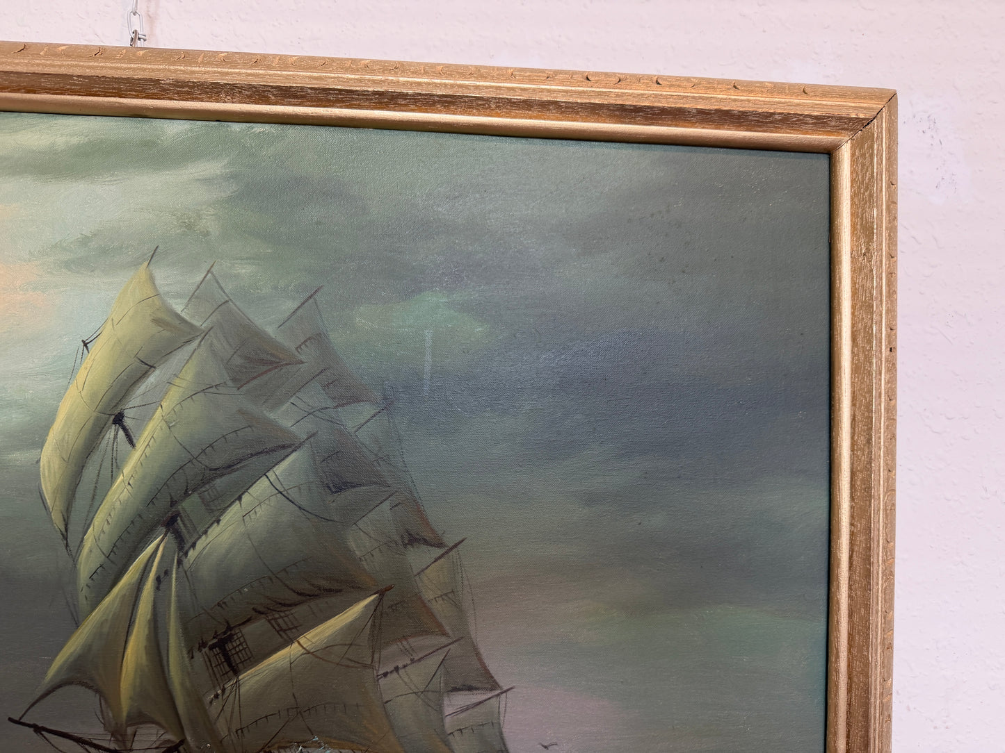Large Vintage Nautical Oil Painting Signed Dramatic Sailing Ship Seascape