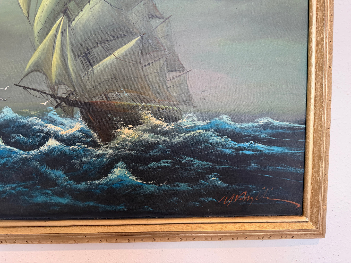 Large Vintage Nautical Oil Painting Signed Dramatic Sailing Ship Seascape