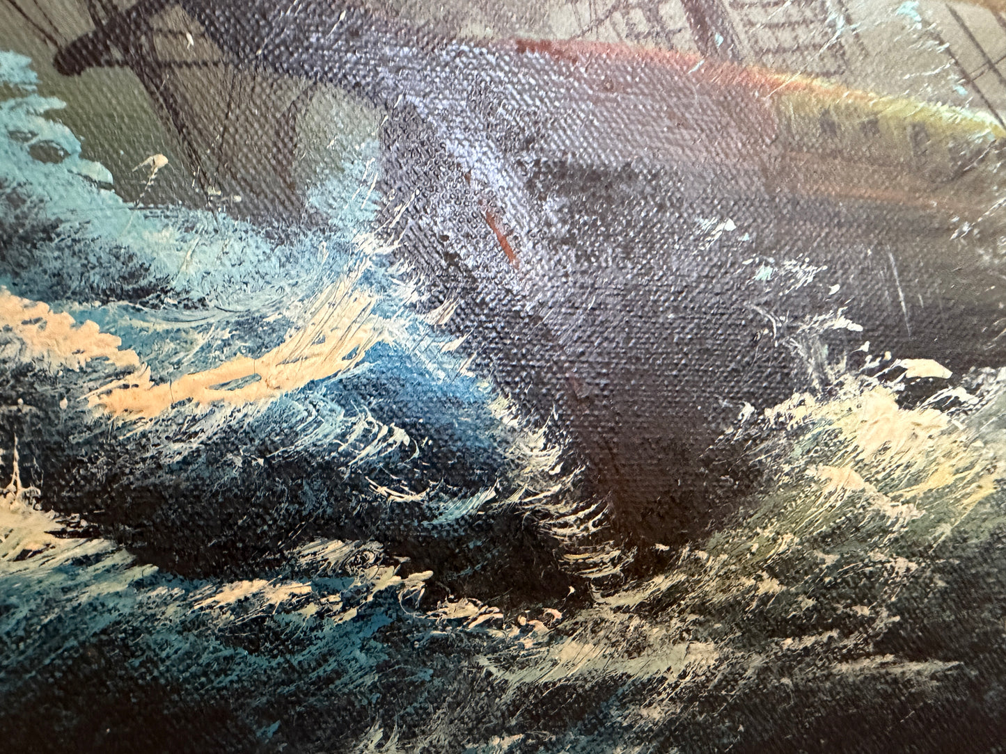 Large Vintage Nautical Oil Painting Signed Dramatic Sailing Ship Seascape