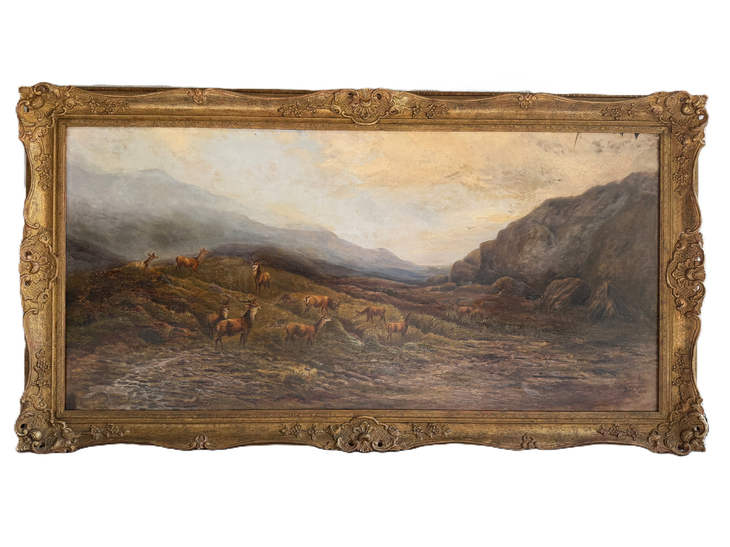 Antique 1893 Large Signed Oil Painting British School Deer Highland Landscape