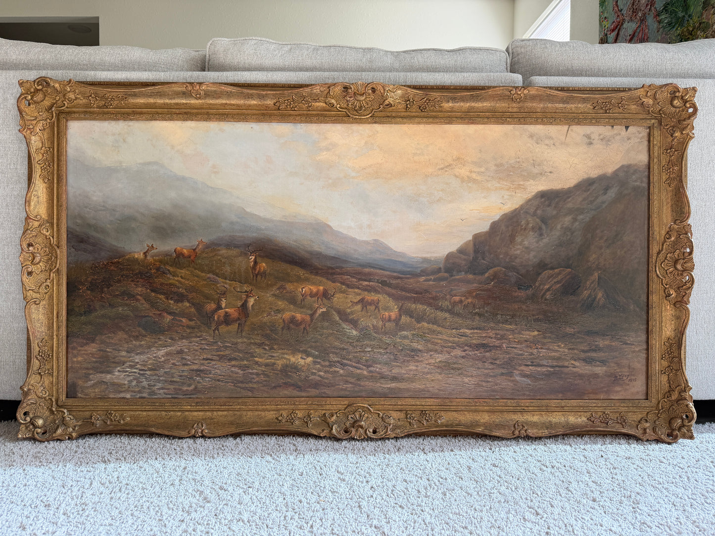 Antique 1893 Large Signed Oil Painting British School Deer Highland Landscape