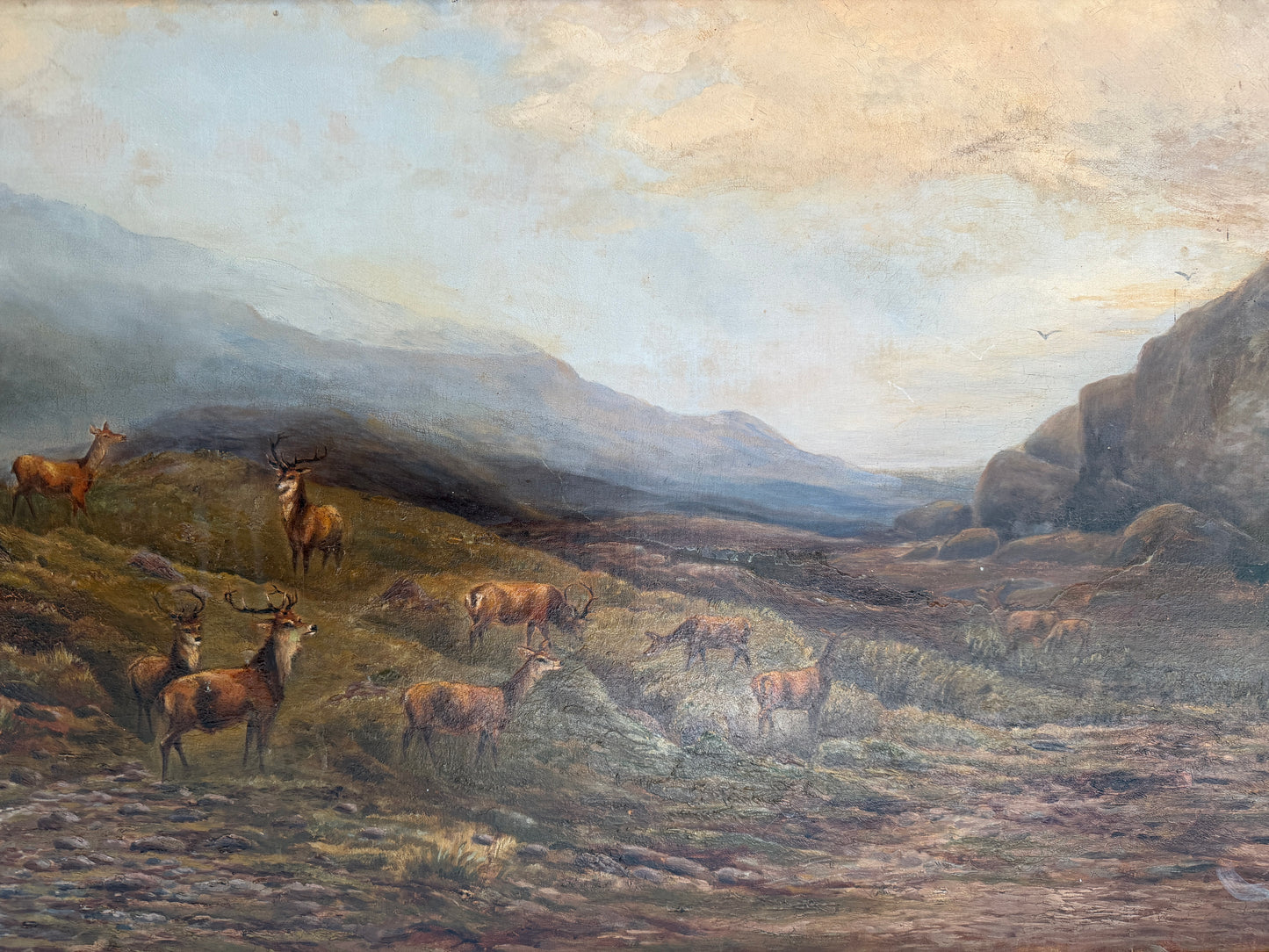 Antique 1893 Large Signed Oil Painting British School Deer Highland Landscape