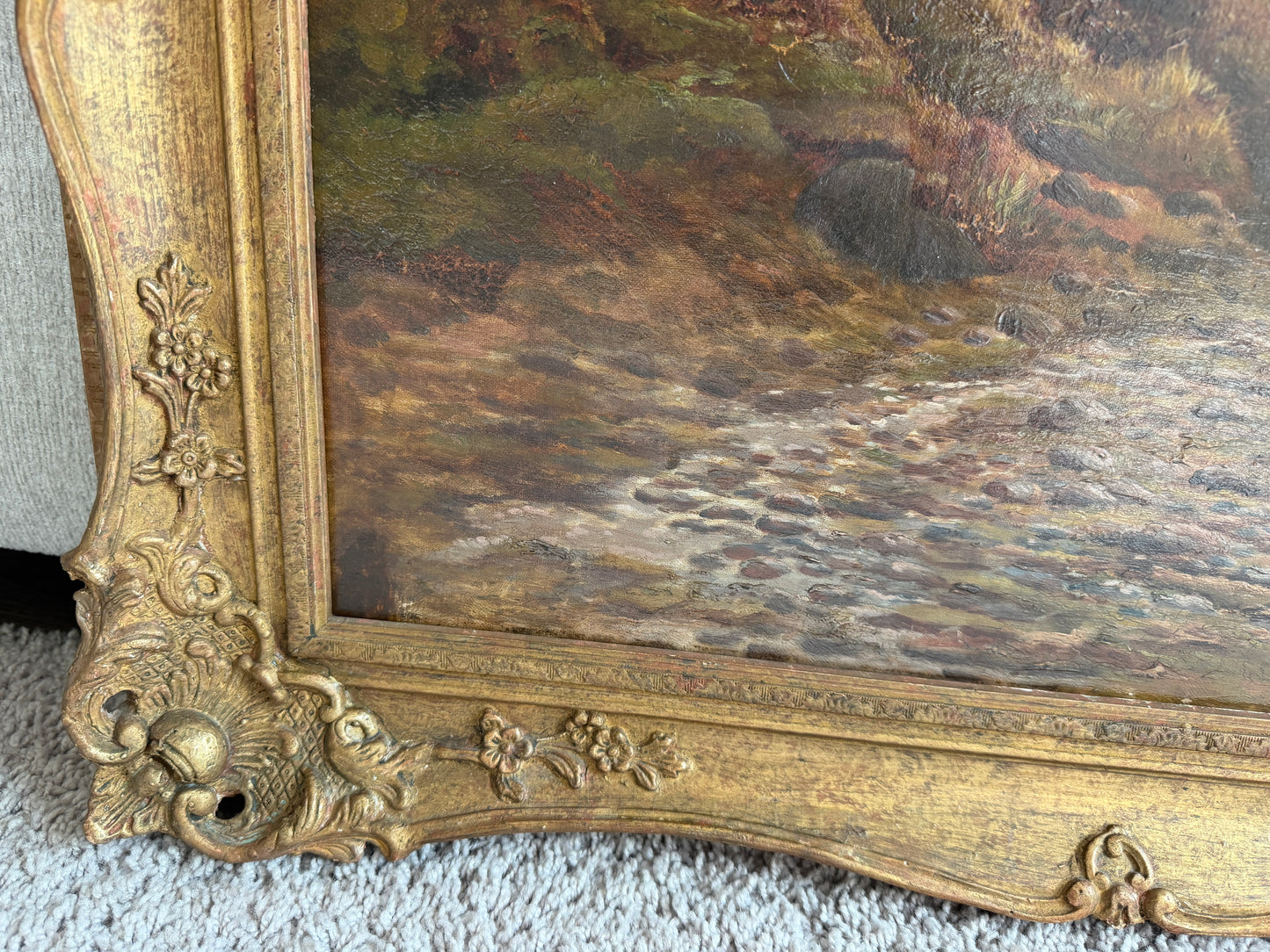 Antique 1893 Large Signed Oil Painting British School Deer Highland Landscape