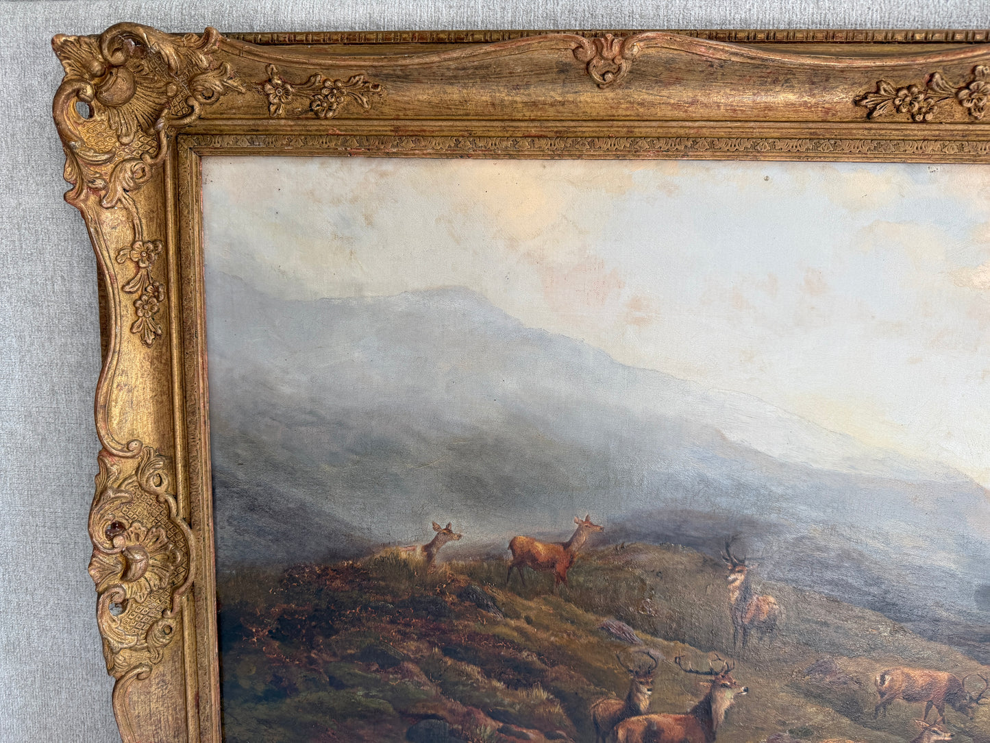 Antique 1893 Large Signed Oil Painting British School Deer Highland Landscape