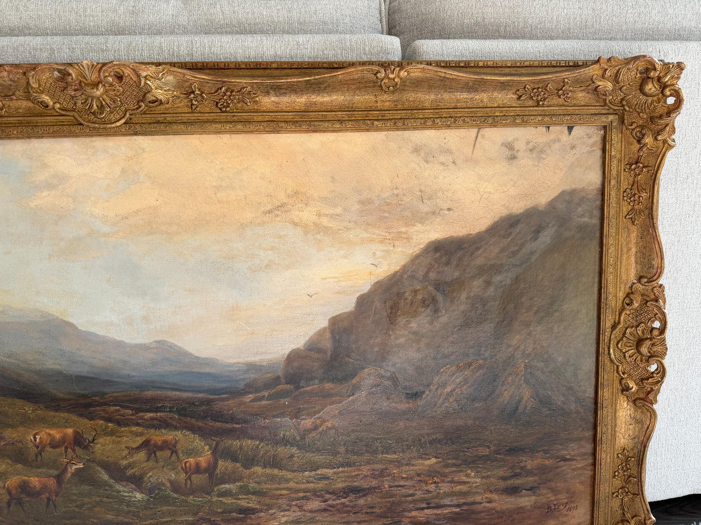 Antique 1893 Large Signed Oil Painting British School Deer Highland Landscape