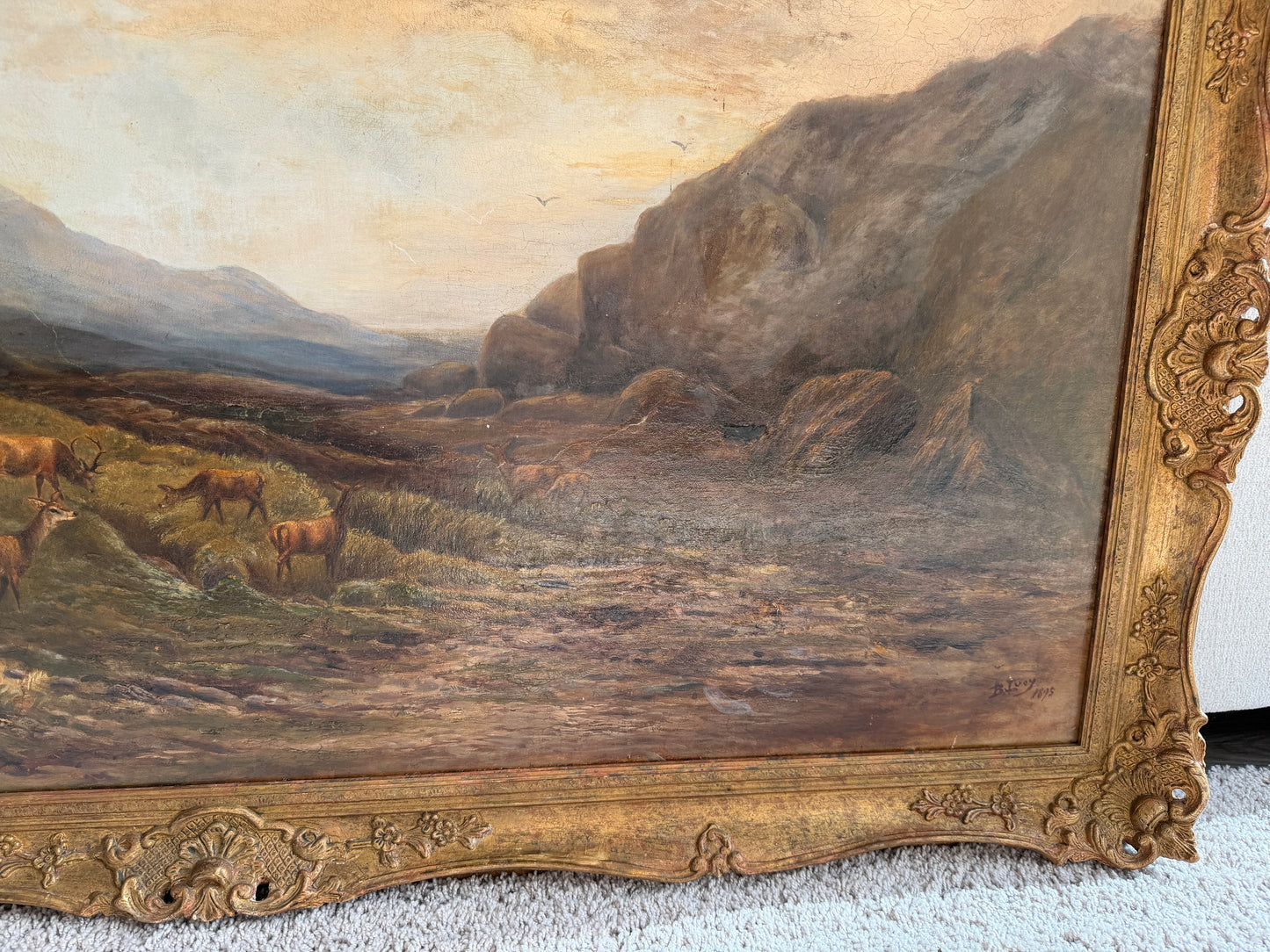 Antique 1893 Large Signed Oil Painting British School Deer Highland Landscape