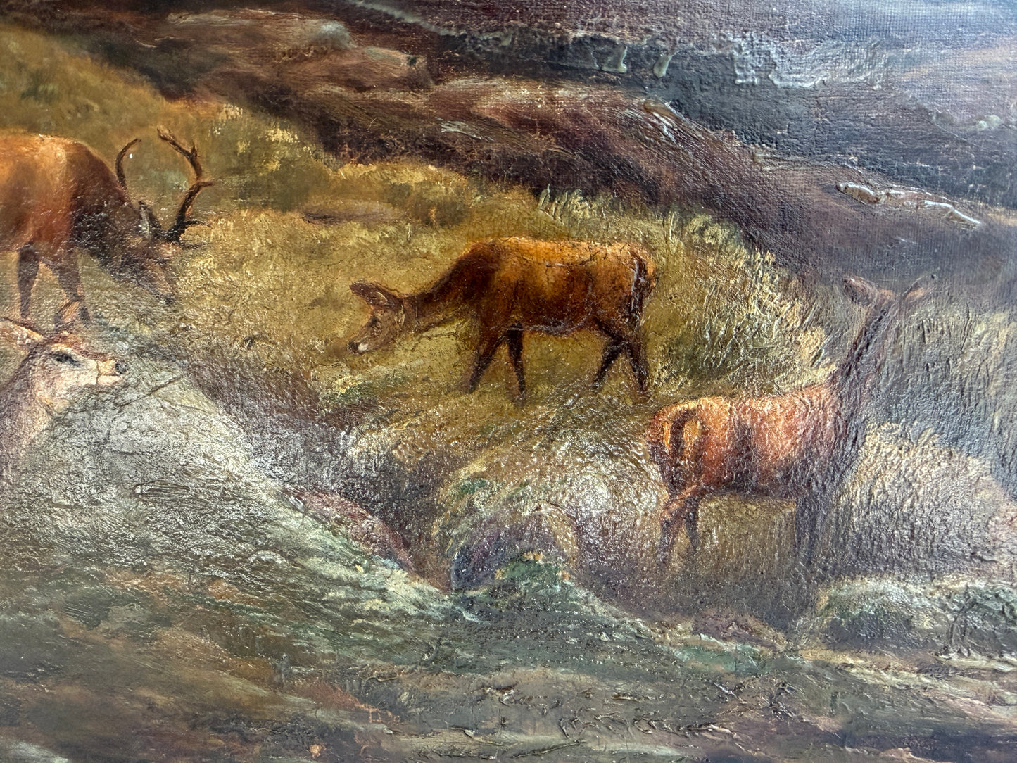 Antique 1893 Large Signed Oil Painting British School Deer Highland Landscape