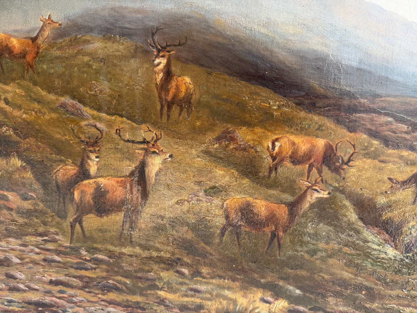 Antique 1893 Large Signed Oil Painting British School Deer Highland Landscape