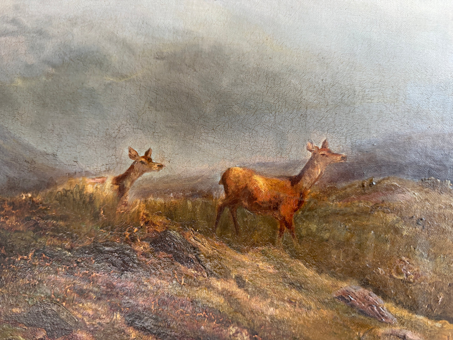 Antique 1893 Large Signed Oil Painting British School Deer Highland Landscape