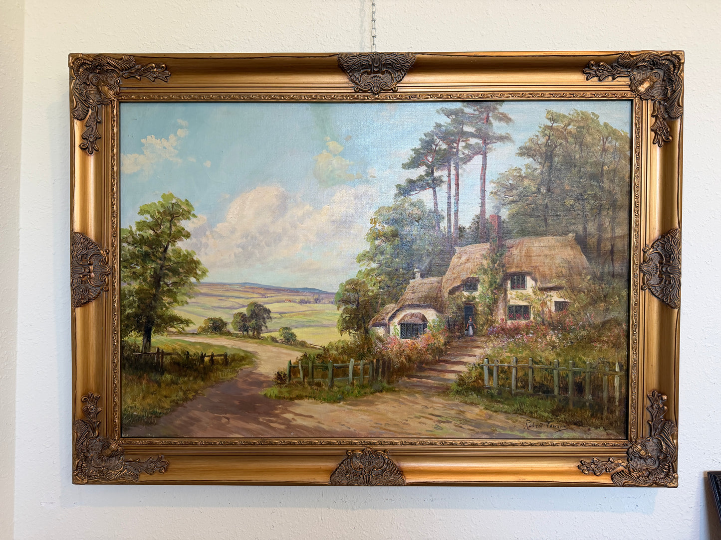 Robert Towers (British, 20C) Large Oil Painting English Cottage Landscape Framed