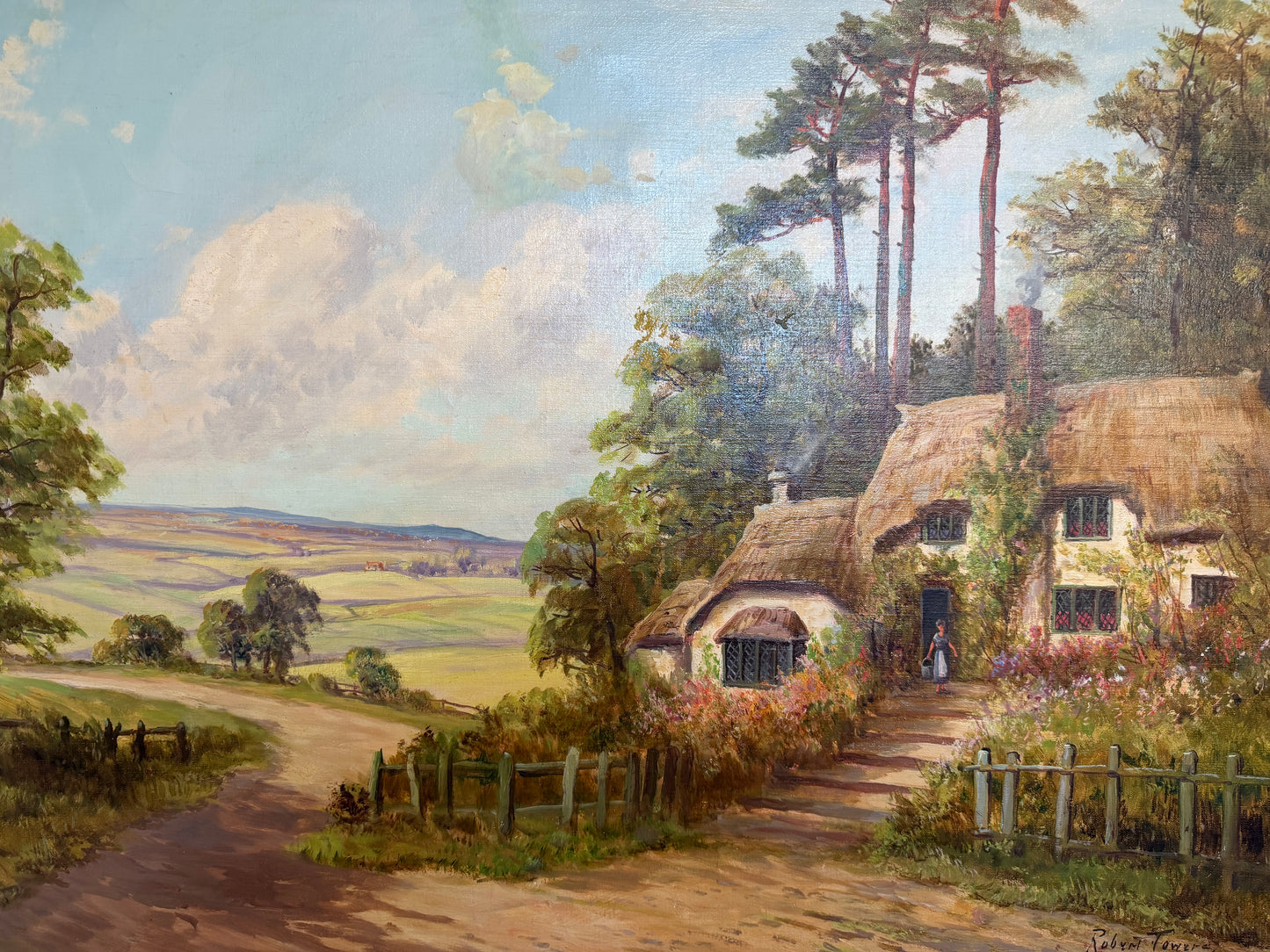 Robert Towers (British, 20C) Large Oil Painting English Cottage Landscape Framed
