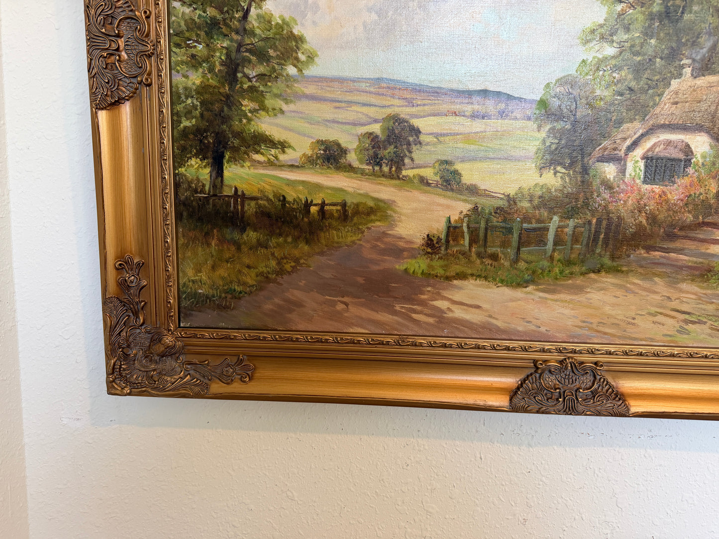 Robert Towers (British, 20C) Large Oil Painting English Cottage Landscape Framed