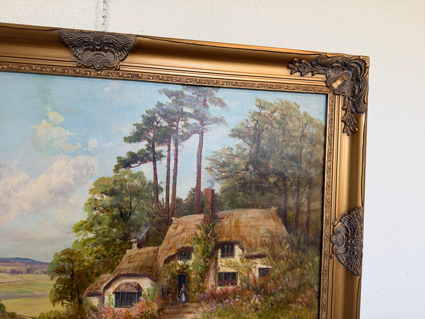 Robert Towers (British, 20C) Large Oil Painting English Cottage Landscape Framed