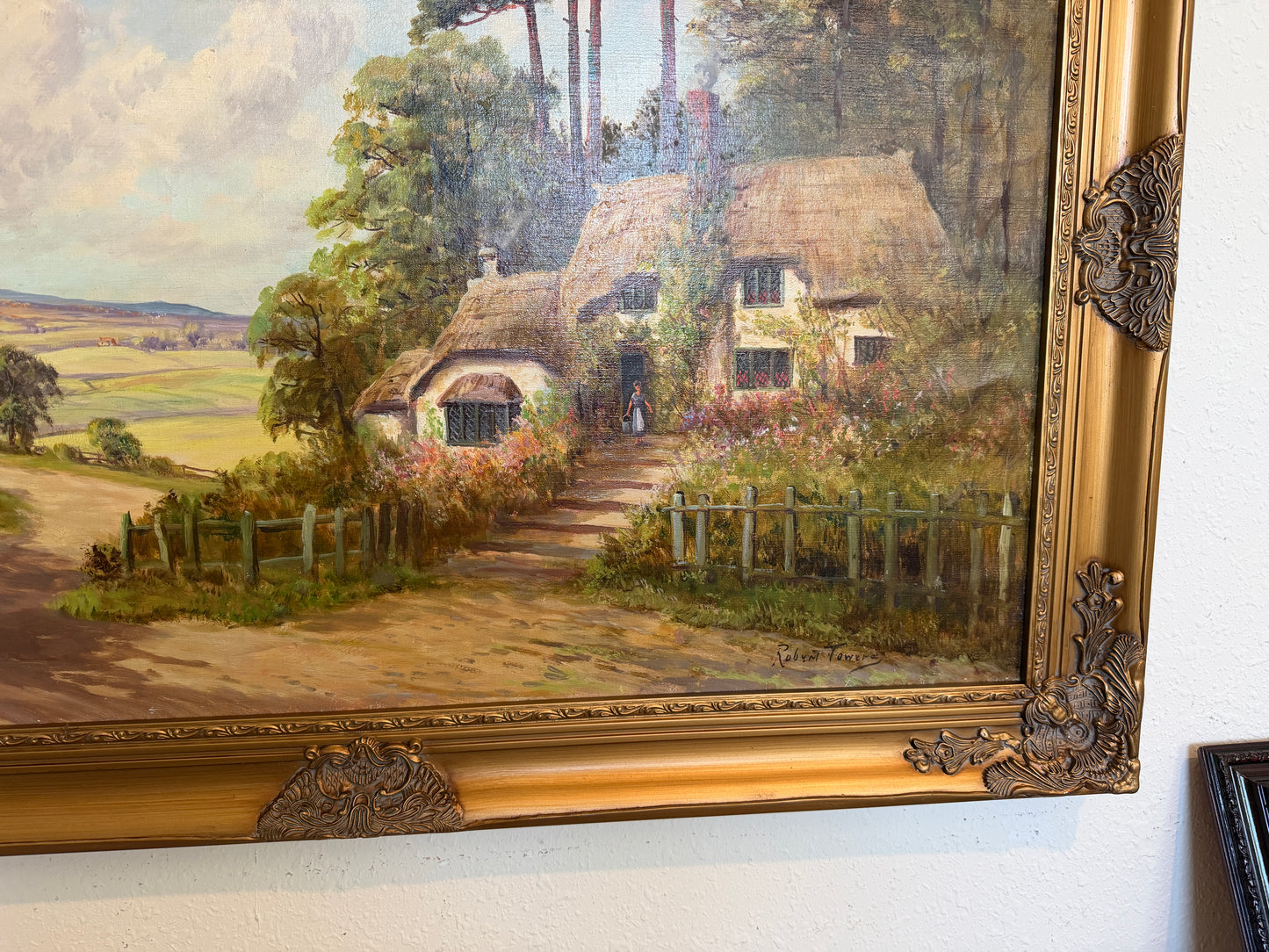 Robert Towers (British, 20C) Large Oil Painting English Cottage Landscape Framed