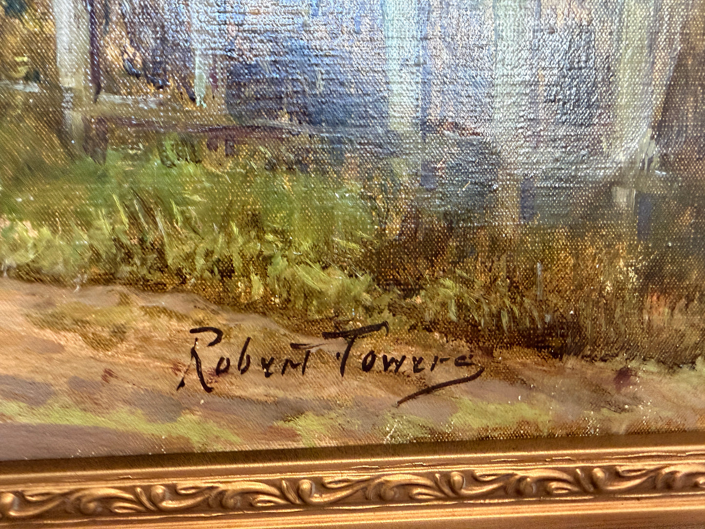 Robert Towers (British, 20C) Large Oil Painting English Cottage Landscape Framed