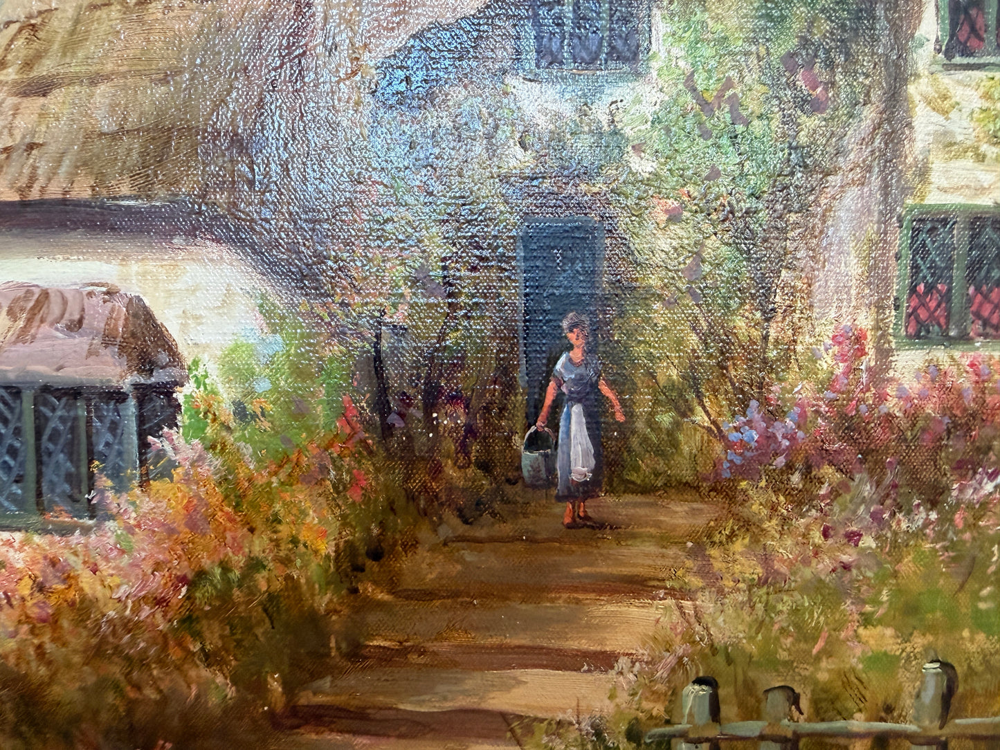 Robert Towers (British, 20C) Large Oil Painting English Cottage Landscape Framed