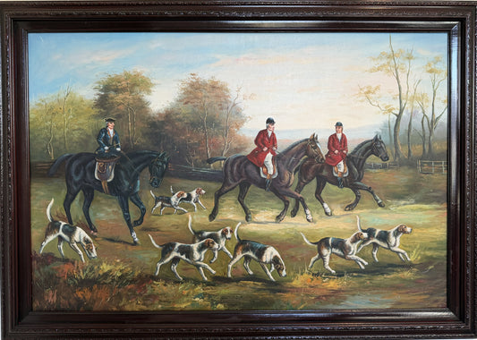 Large Vintage Oil Painting English Fox Hunt Horses Hounds Hunting Scene Art