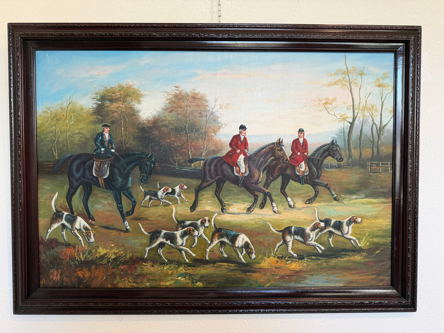 Large Vintage Oil Painting English Fox Hunt Horses Hounds Hunting Scene Art