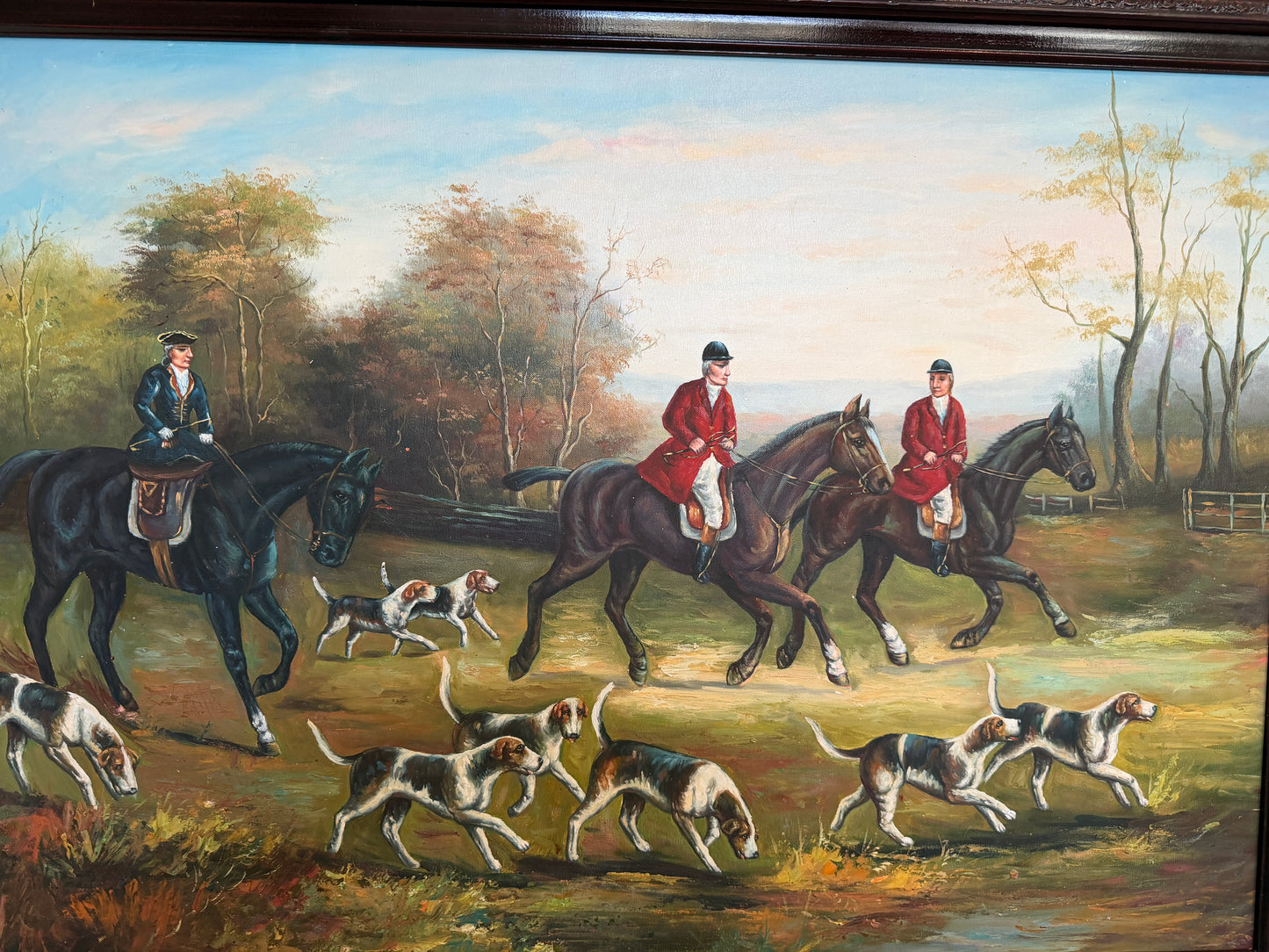 Large Vintage Oil Painting English Fox Hunt Horses Hounds Hunting Scene Art