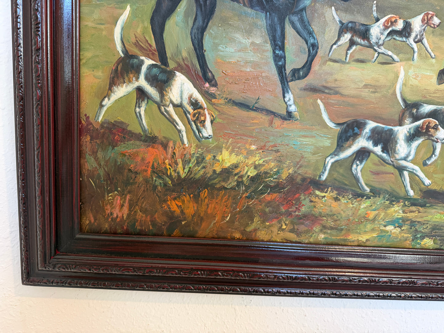Large Vintage Oil Painting English Fox Hunt Horses Hounds Hunting Scene Art